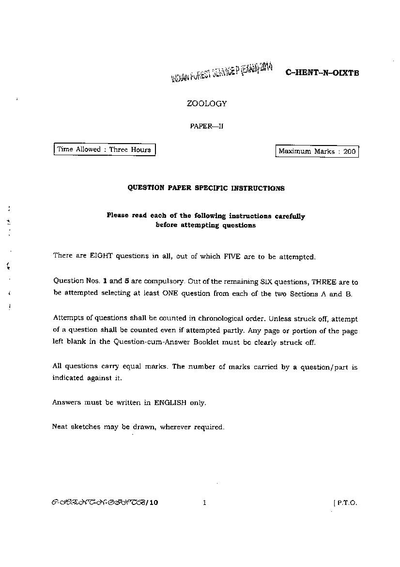 UPSC IFS 2014 Question Paper for Zoology Paper II - Page 1