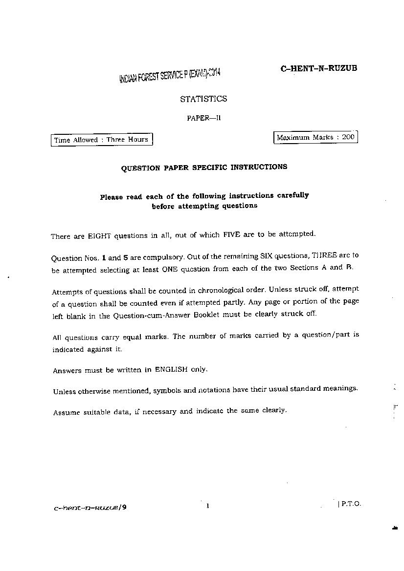 UPSC IFS 2014 Question Paper for Statistics Paper II - Page 1