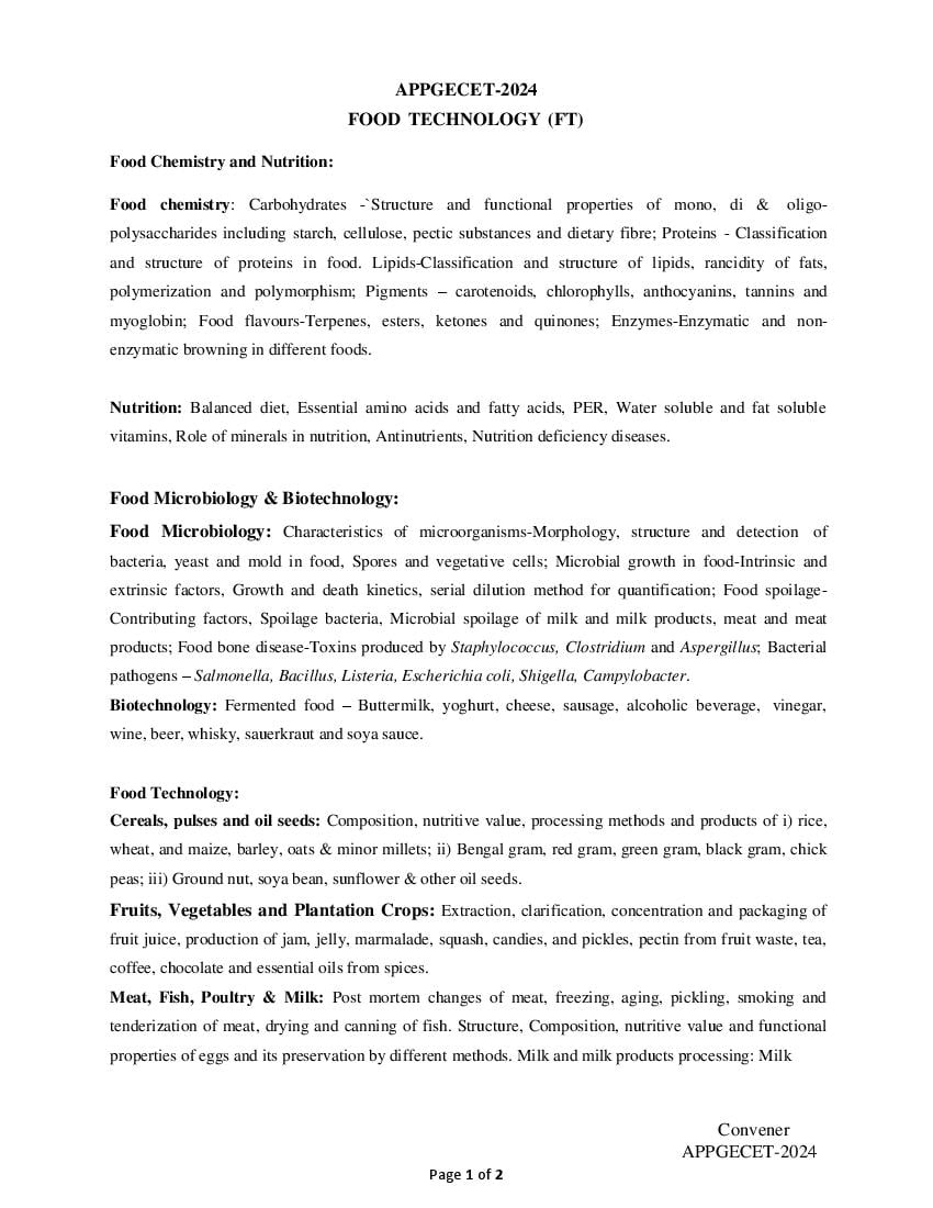 AP PGECET 2024 Syllabus Food Technology - Page 1
