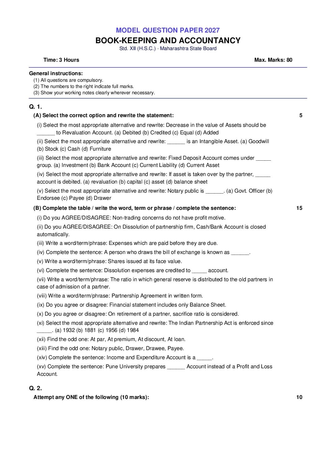 Maharashtra 12th Std Model Question Paper 2027 Book-Keeping and Accountancy - Page 1 of 3