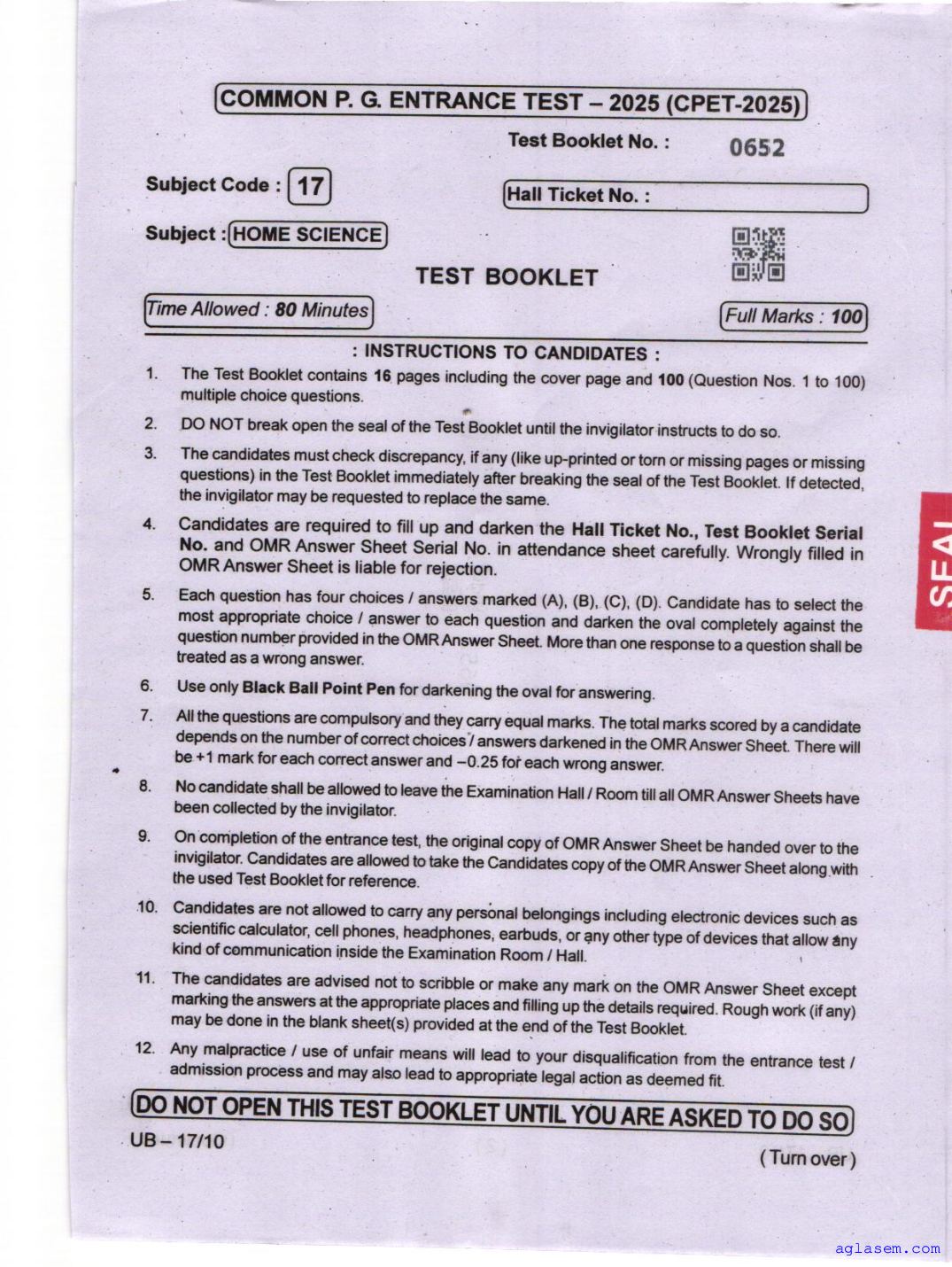Odisha CPET 2025 Question Paper Home Science - Page 1 of 16