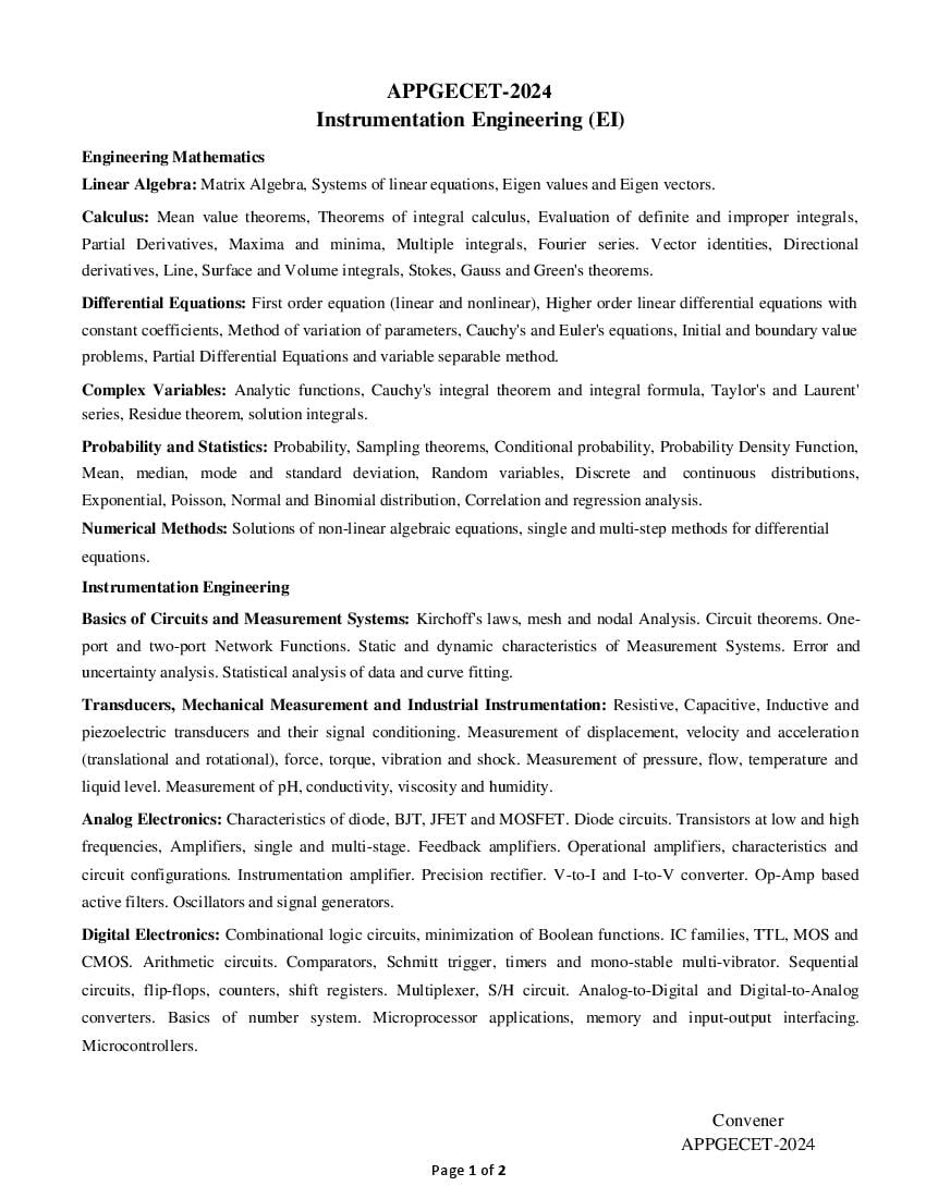 AP PGECET 2024 Syllabus Instrumentation Engineering - Page 1