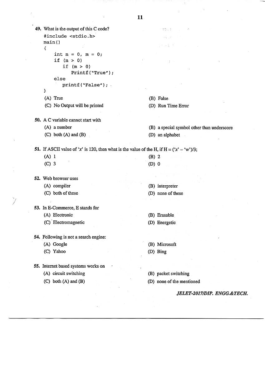 WB JELET 2017 Question Paper PDF: Engineering, B.Sc., Pharmacy