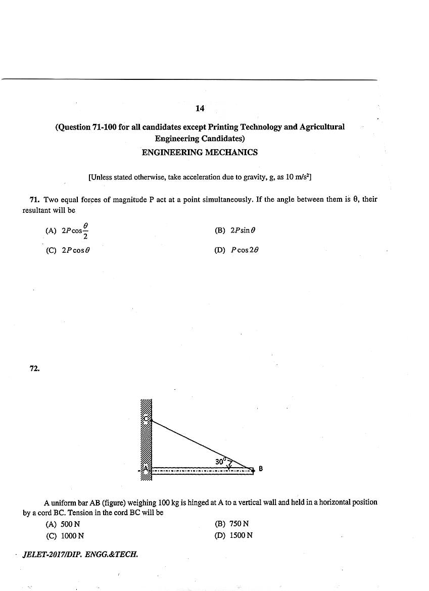 WB JELET 2017 Question Paper PDF: Engineering, B.Sc., Pharmacy