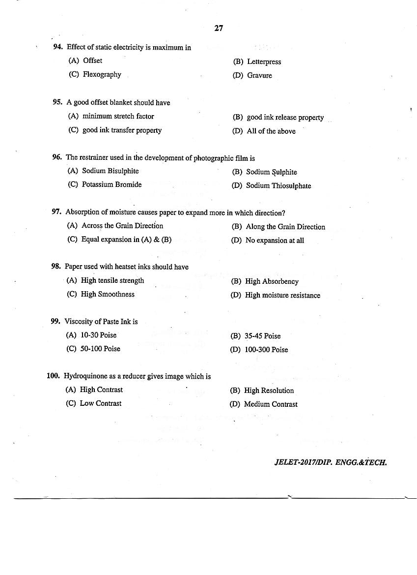 WB JELET 2017 Question Paper PDF: Engineering, B.Sc., Pharmacy