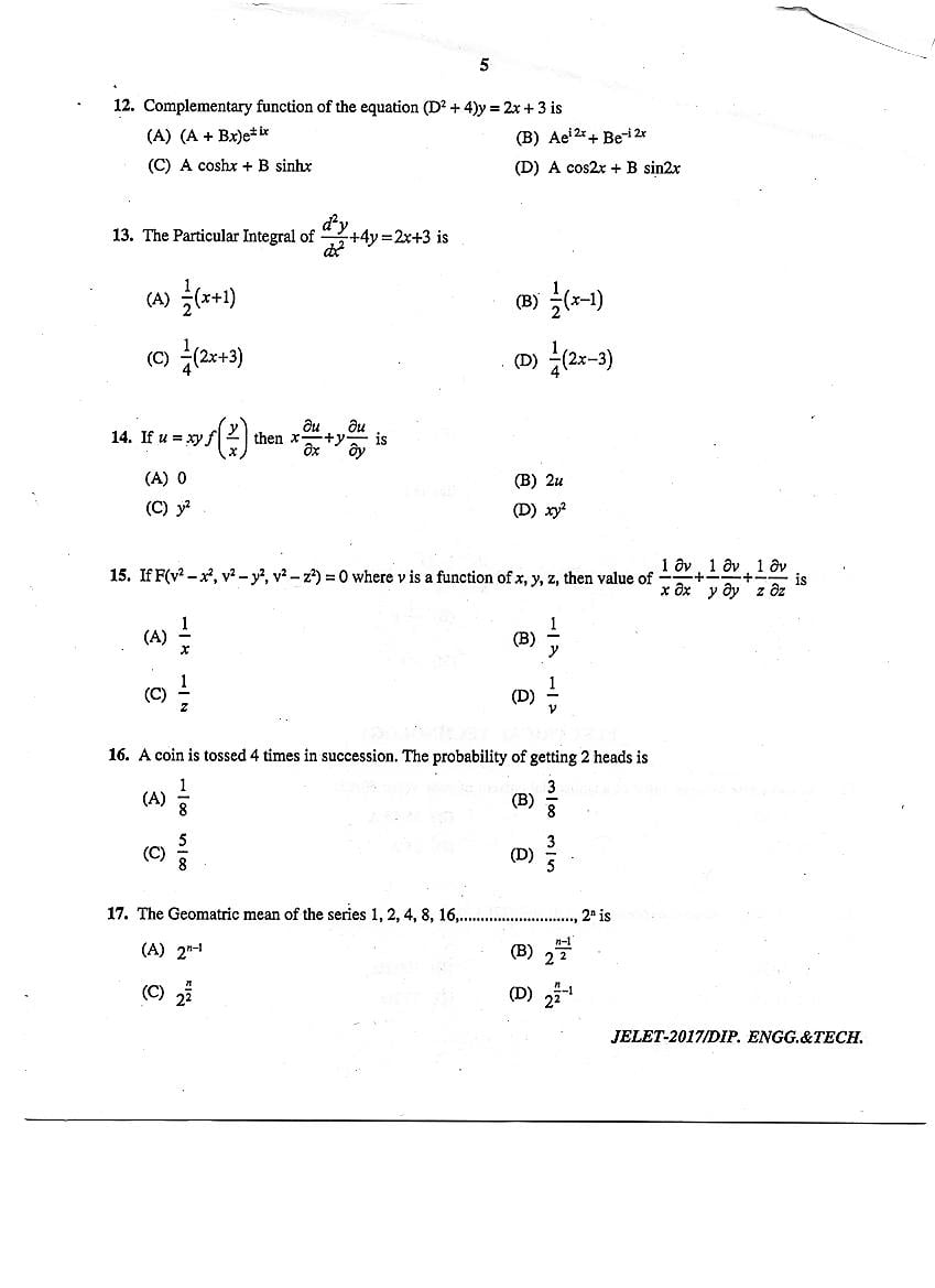 WB JELET 2017 Question Paper PDF: Engineering, B.Sc., Pharmacy