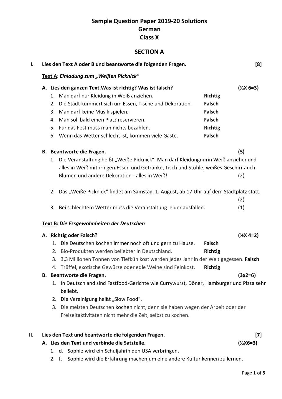 CBSE Class 10 Marking Scheme 2020 for German - Page 1