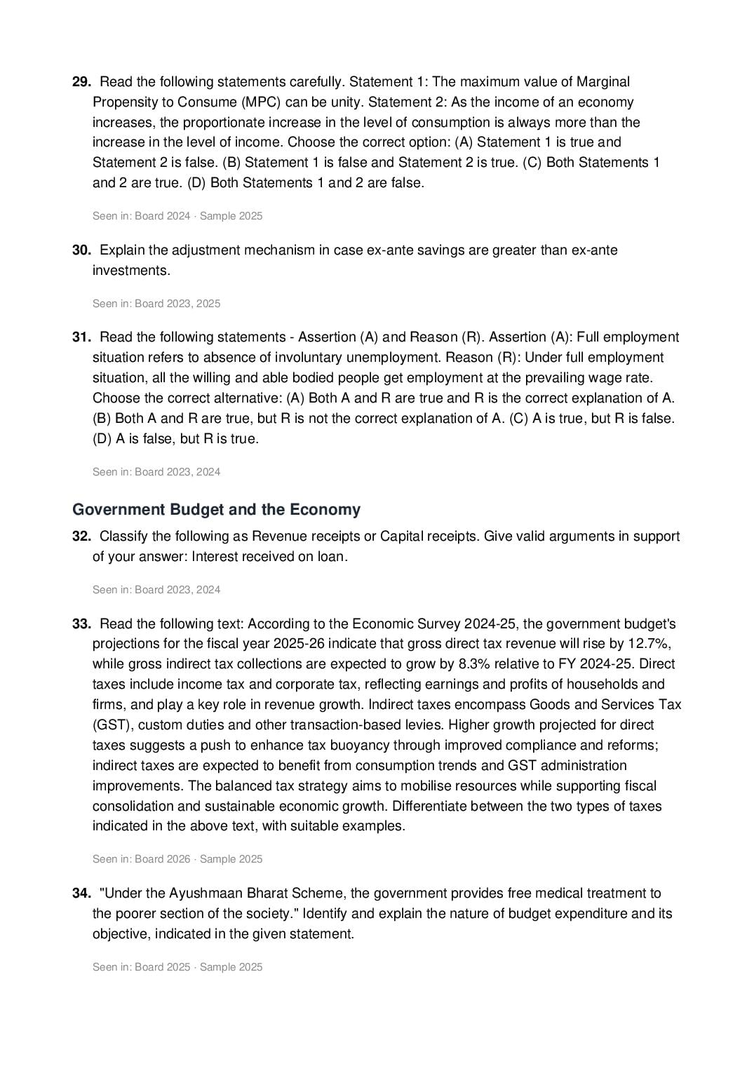 CBSE Class 12 Economics Important Questions 2027 (PDF)