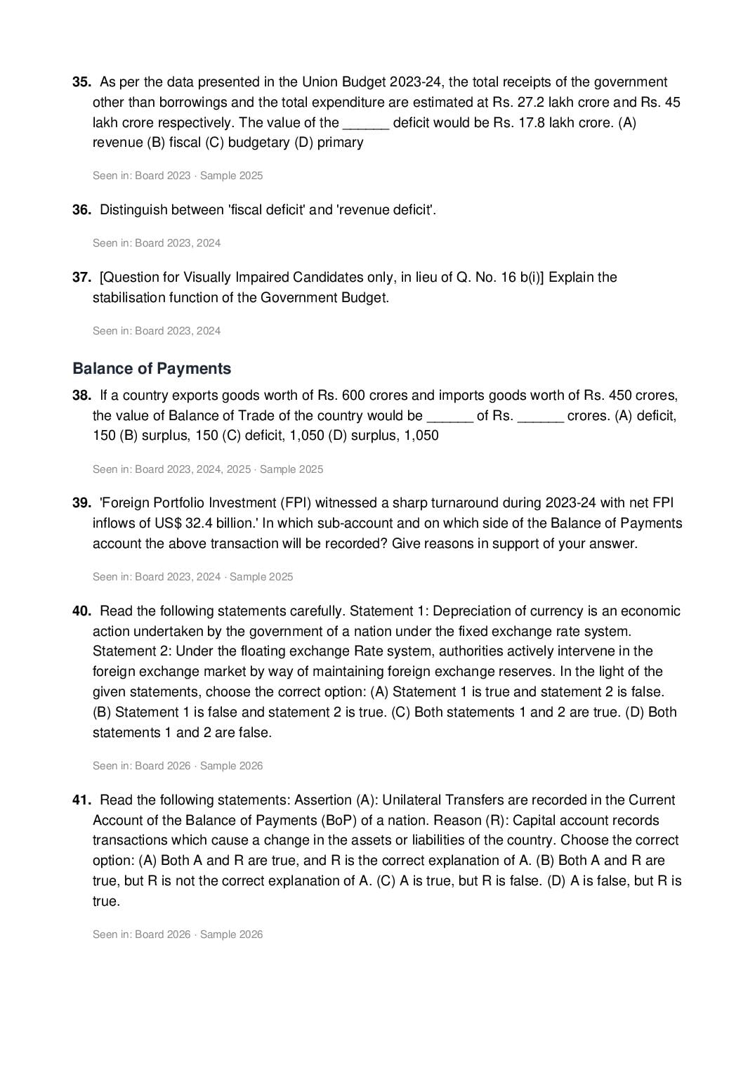 CBSE Class 12 Economics Important Questions 2027 (PDF)