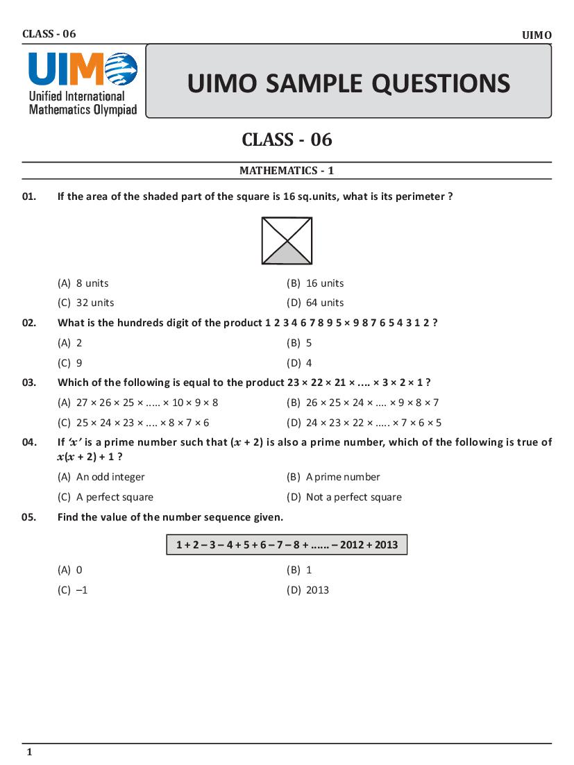 UIMO Sample Paper Class 6 - Page 1