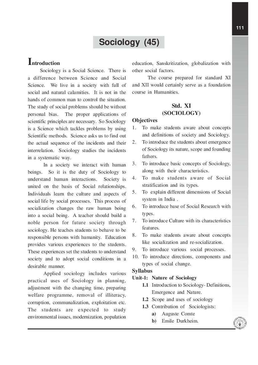 Maharashtra HSC Syllabus 2022 Sociology - Page 1