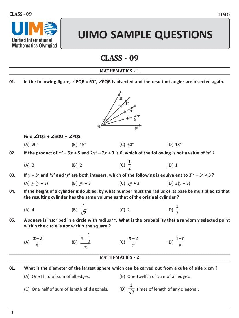 UIMO Sample Paper Class 9 - Page 1