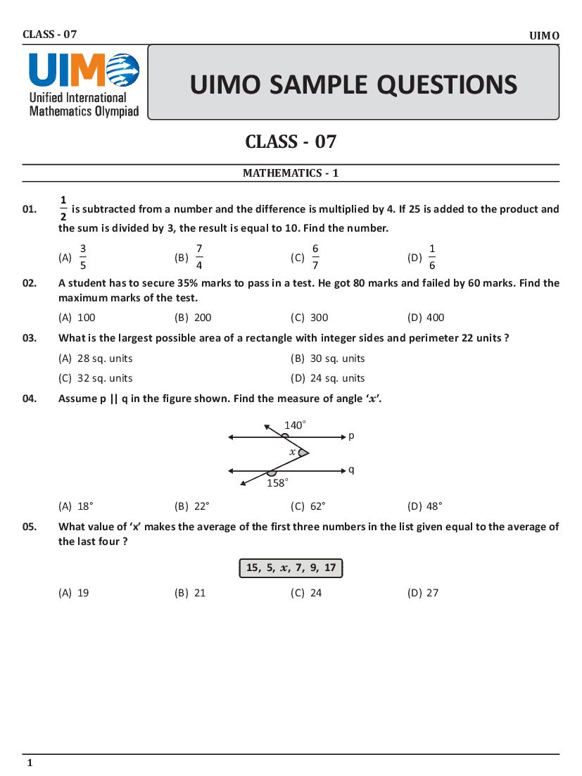 UIMO Sample Paper Class 7 - Page 1