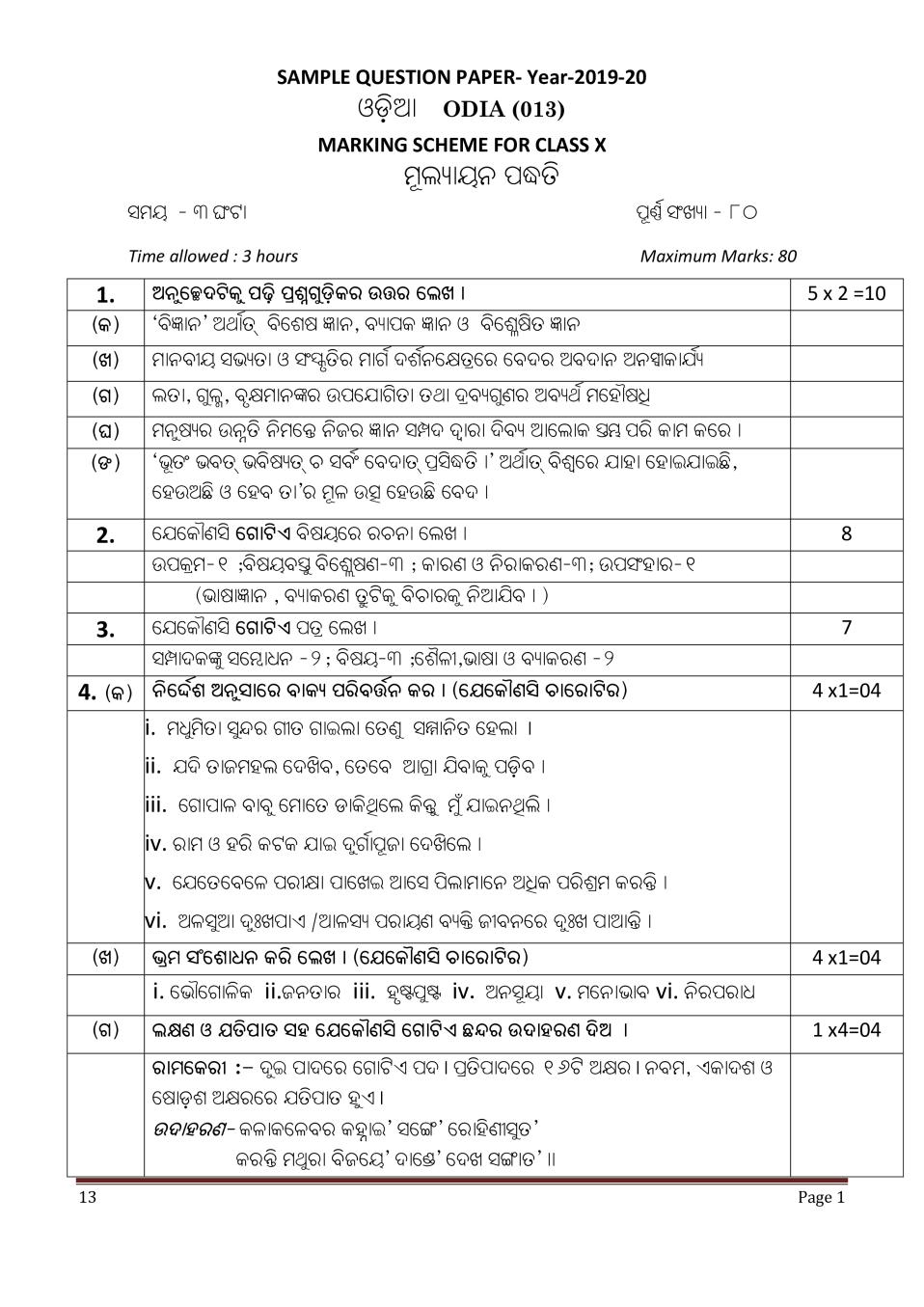 CBSE Class 10 Marking Scheme 2020 for Odia - Page 1