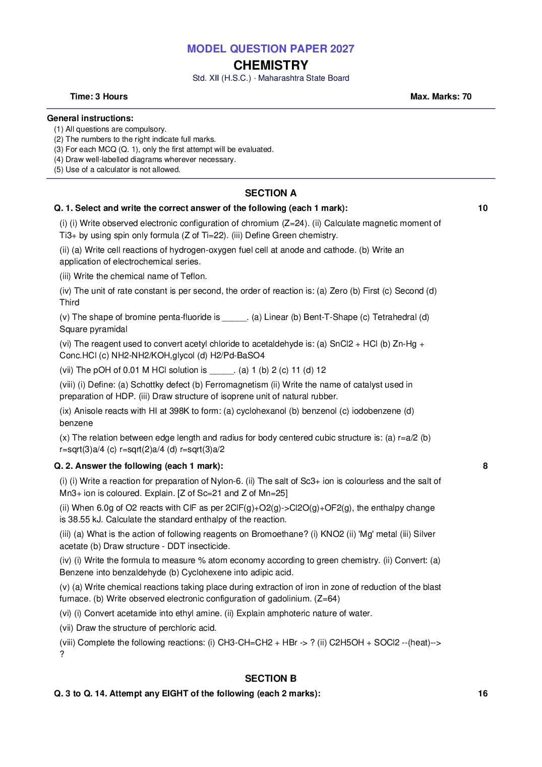 Maharashtra 12th Std Model Question Paper 2027 Chemistry - Page 1 of 3