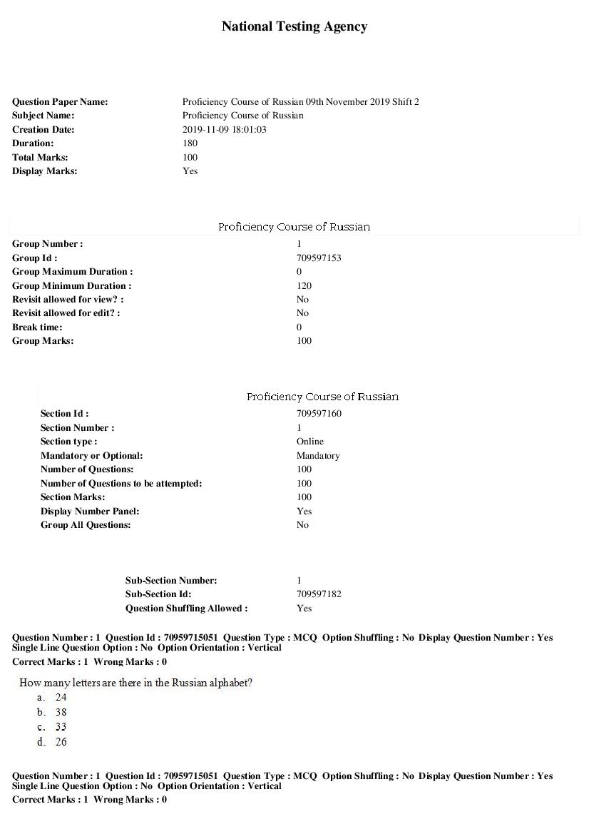 SWAYAM 2019 Question Paper Proficiency Course of Russian - Page 1 of 42