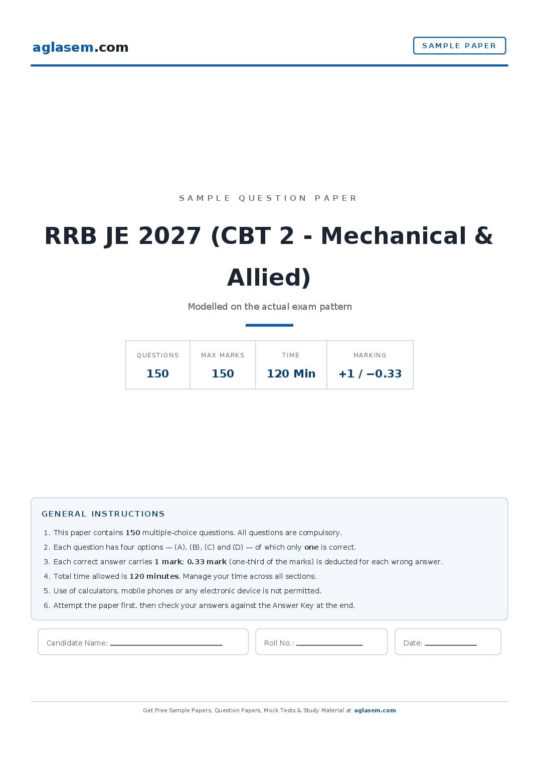 RRB JE 2027 Sample Paper (CBT 2 - Mechanical & Allied) - Page 1 of 18