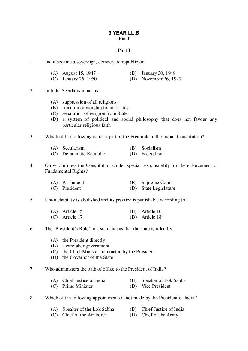CUSAT CAT 2017 Question Paper 3 Year LLB - Page 1