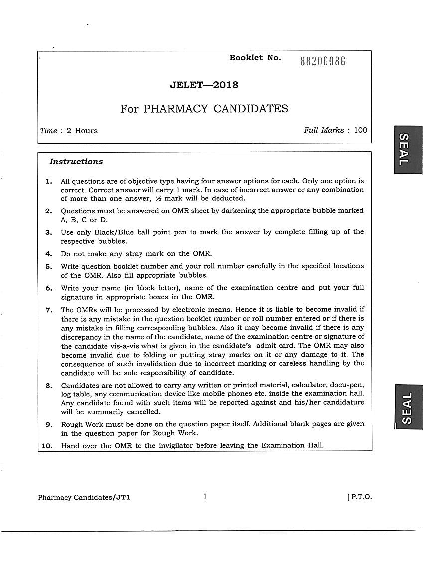 JELET 2018 Question Paper Diploma in Pharmacy - Page 1
