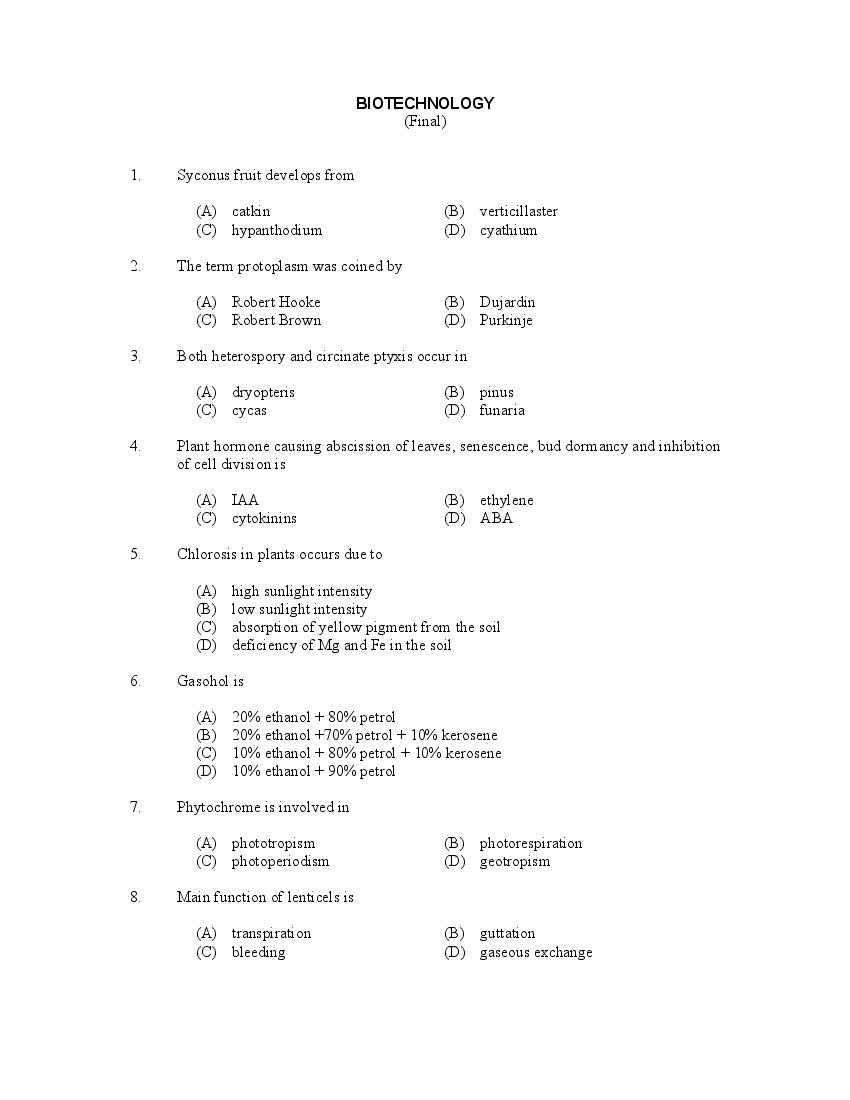 CUSAT CAT 2017 Question Paper Biotechnology - Page 1