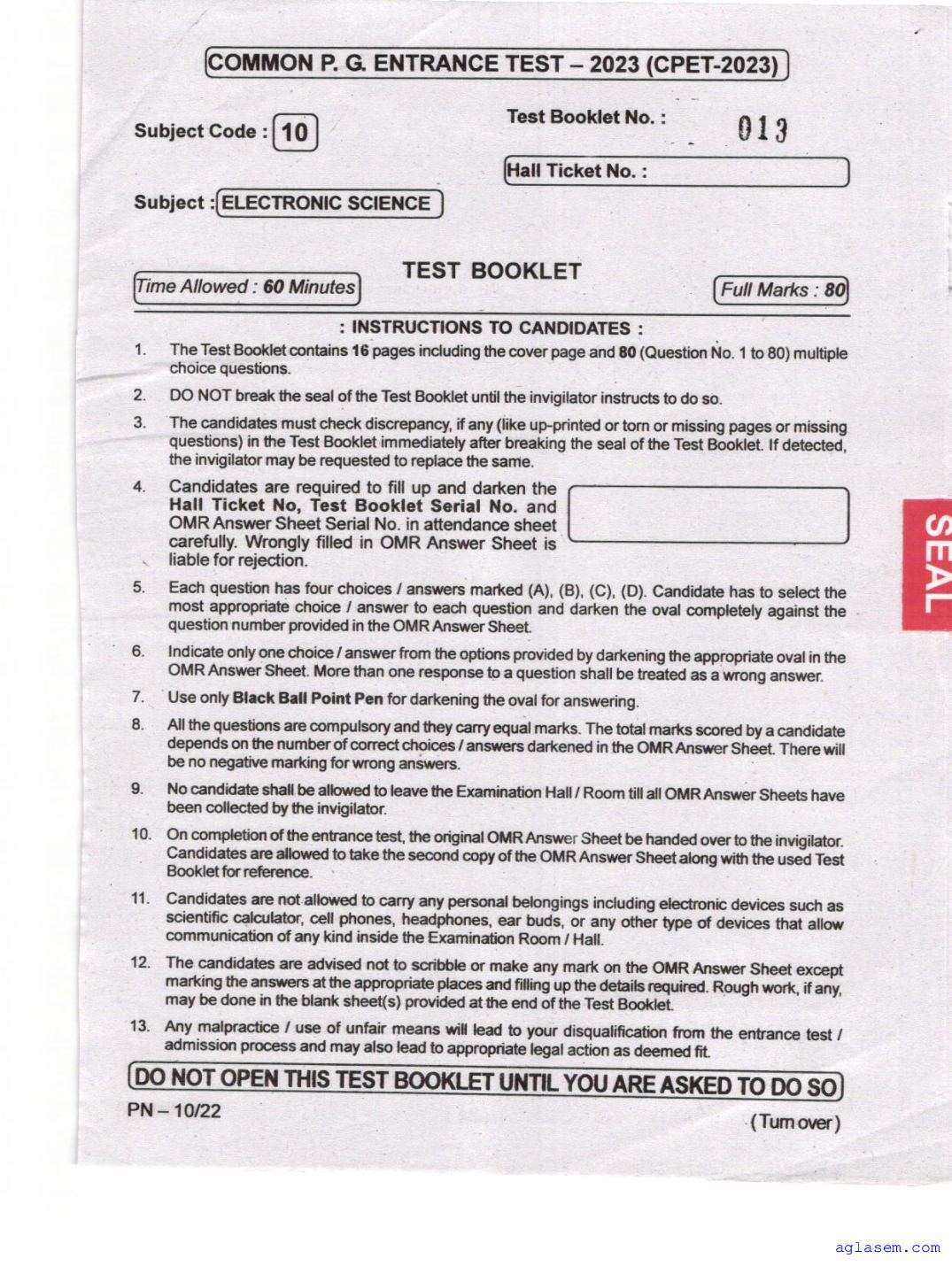 Odisha CPET 2023 Question Paper Electronic Science - Page 1 of 16