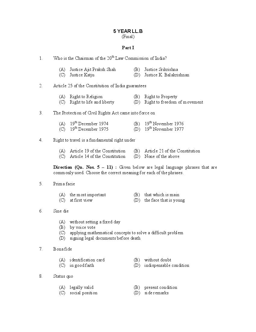CUSAT CAT 2017 Question Paper 5 Year LLB - Page 1