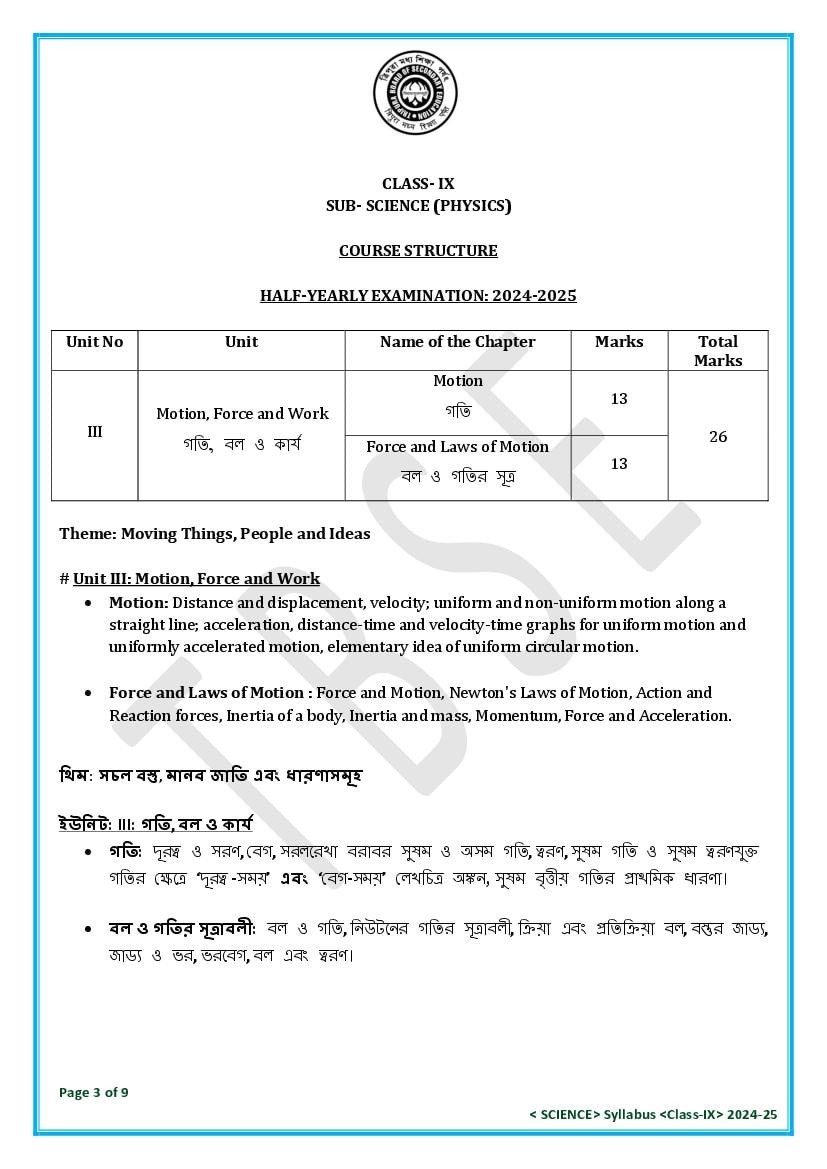 TBSE Class 9 Science Syllabus 2025 (PDF) – Tripura Board Syllabus for 9th Science