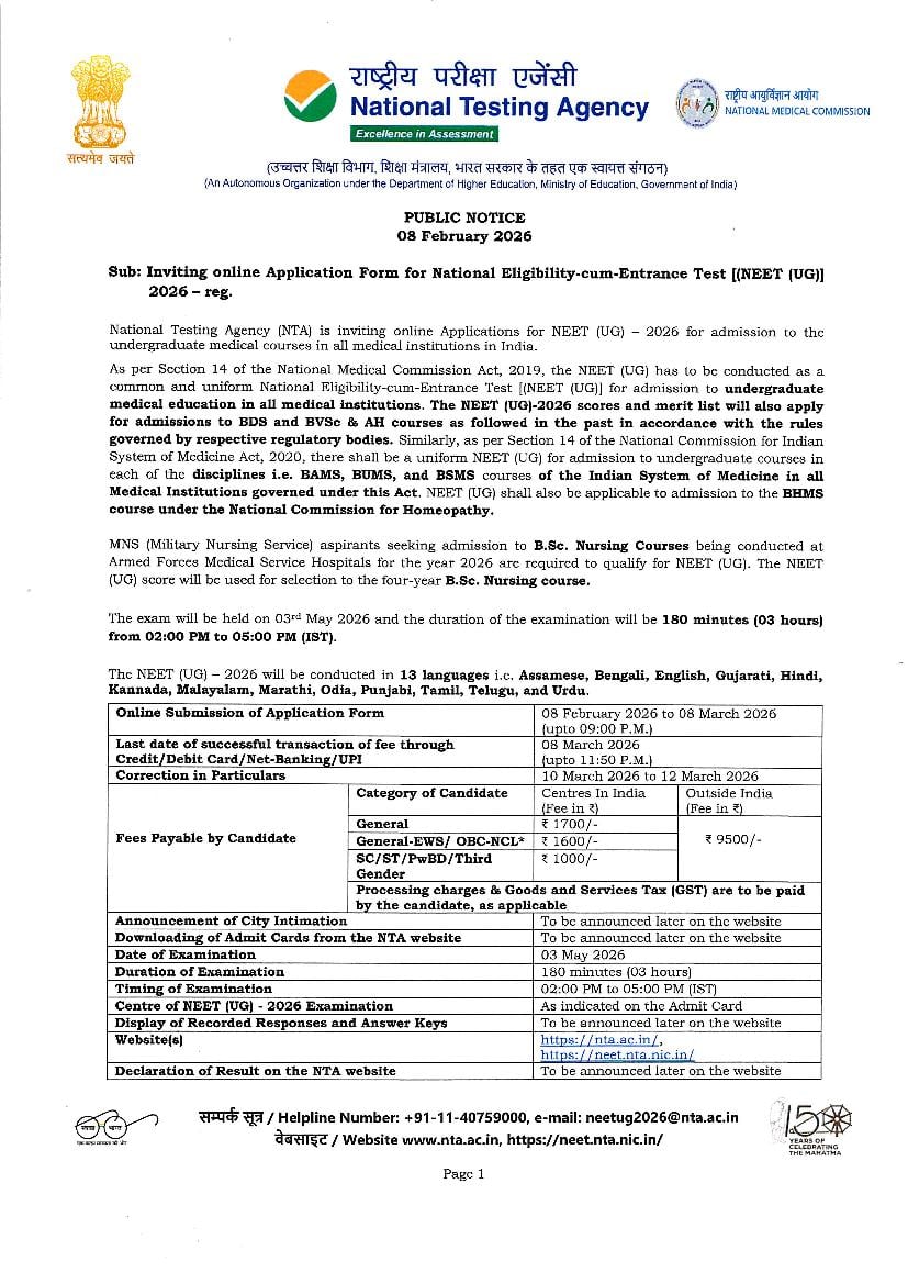 NEET 2026 Notification for Online Registration - Page 1