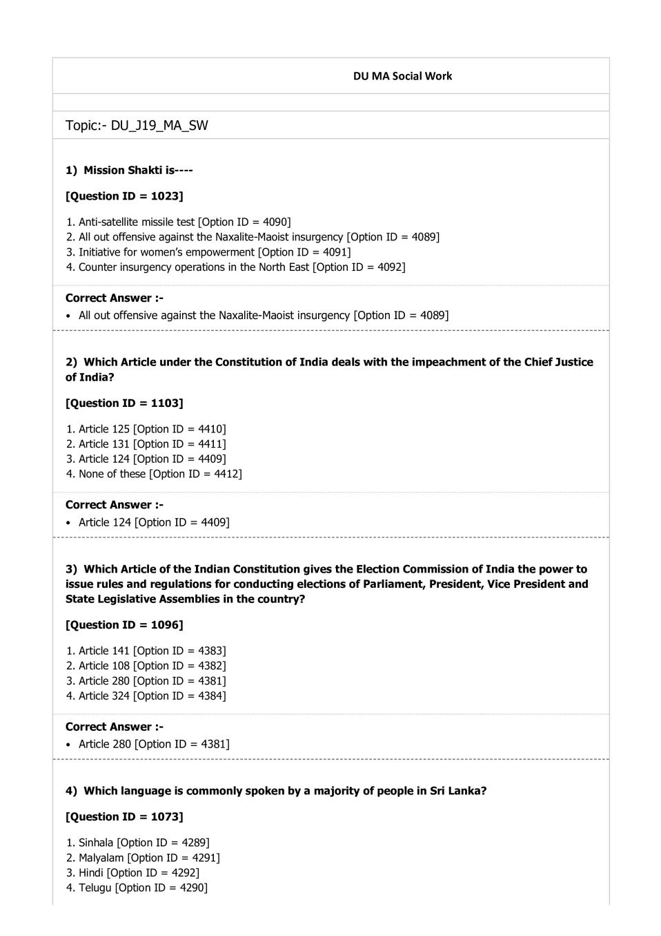 DUET Question Paper 2019 for M.A Social Work - Page 1