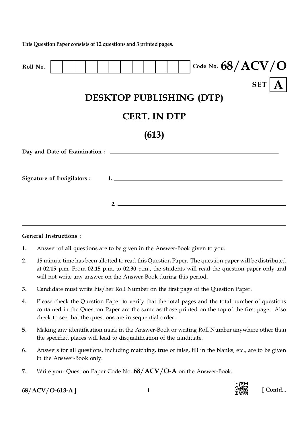 NIOS Class 12 October 2024 Question Paper Desktop Publishing (DTP) - Page 1 of 3
