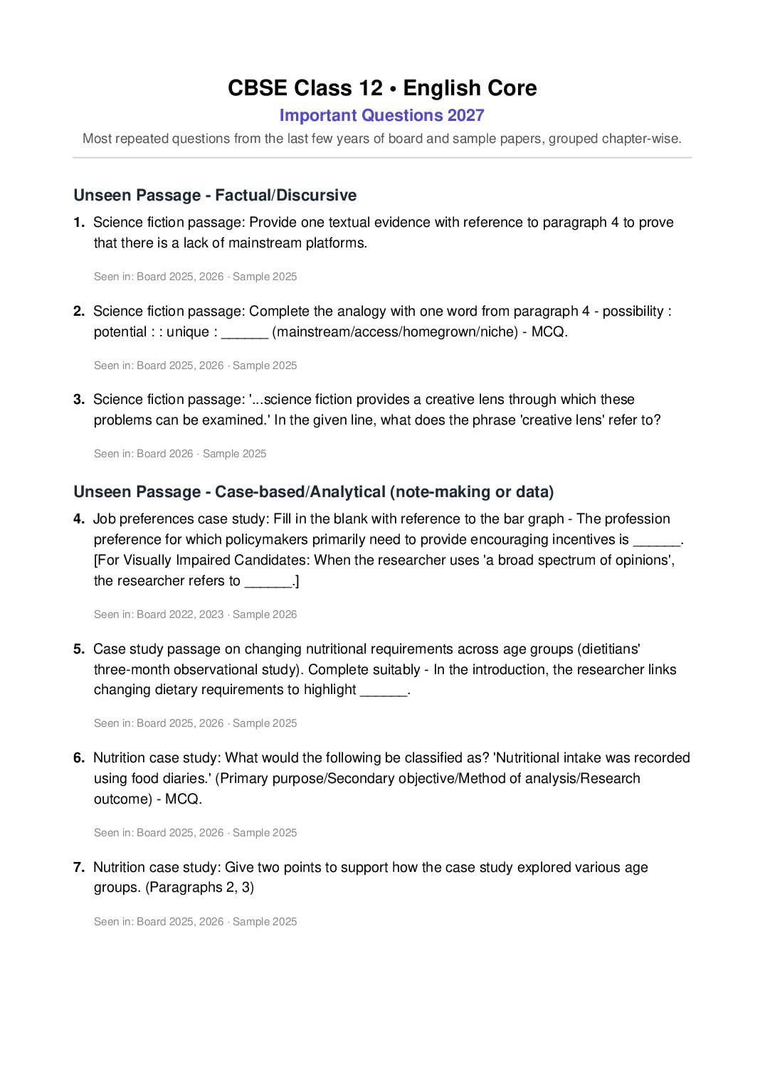 CBSE Class 12 Important Questions 2027 English Core - Page 1 of 9