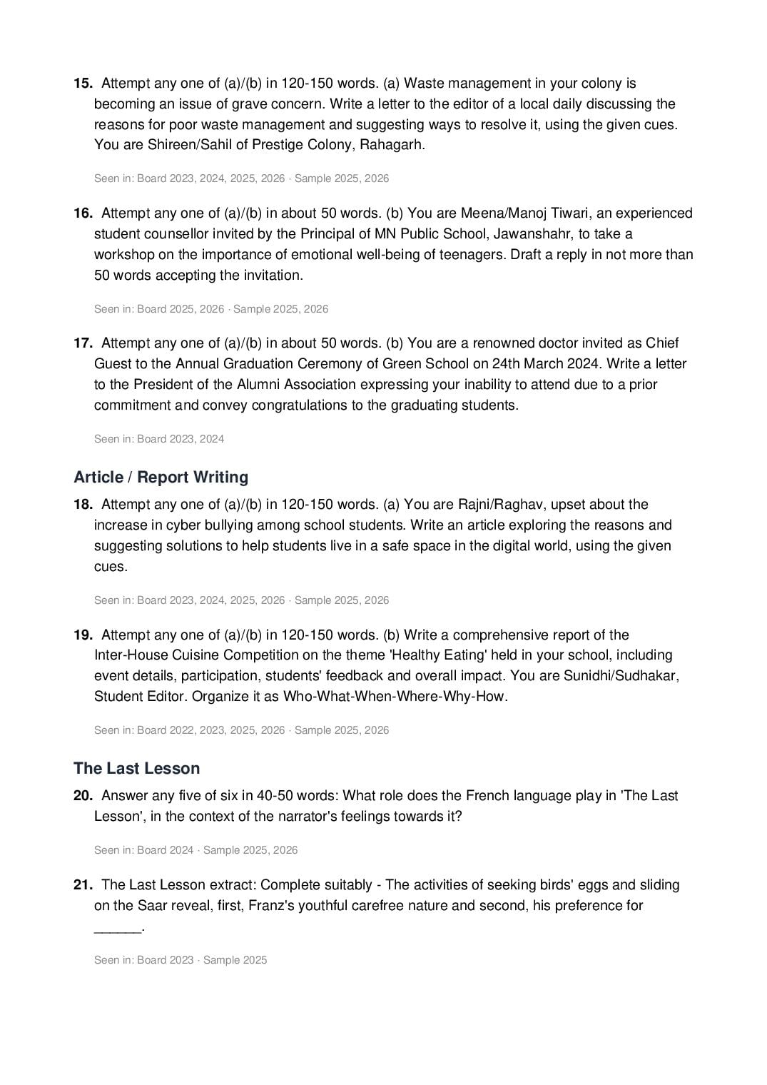CBSE 12th English Most Important Questions for Board Exam