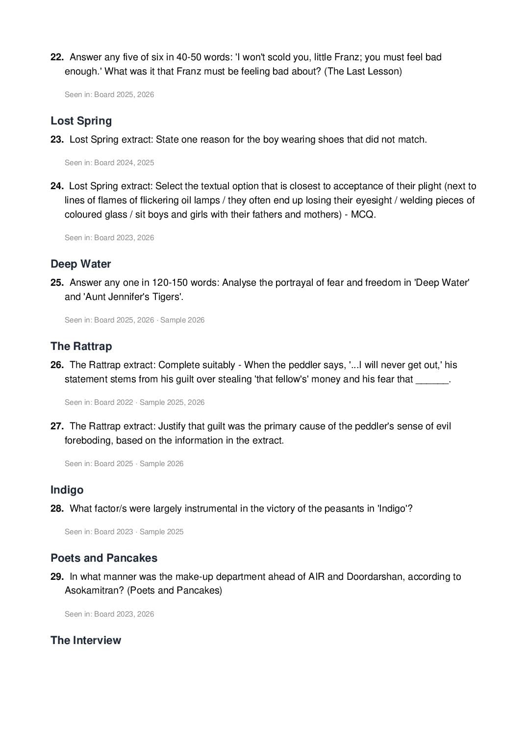 CBSE 12th English Most Important Questions for Board Exam