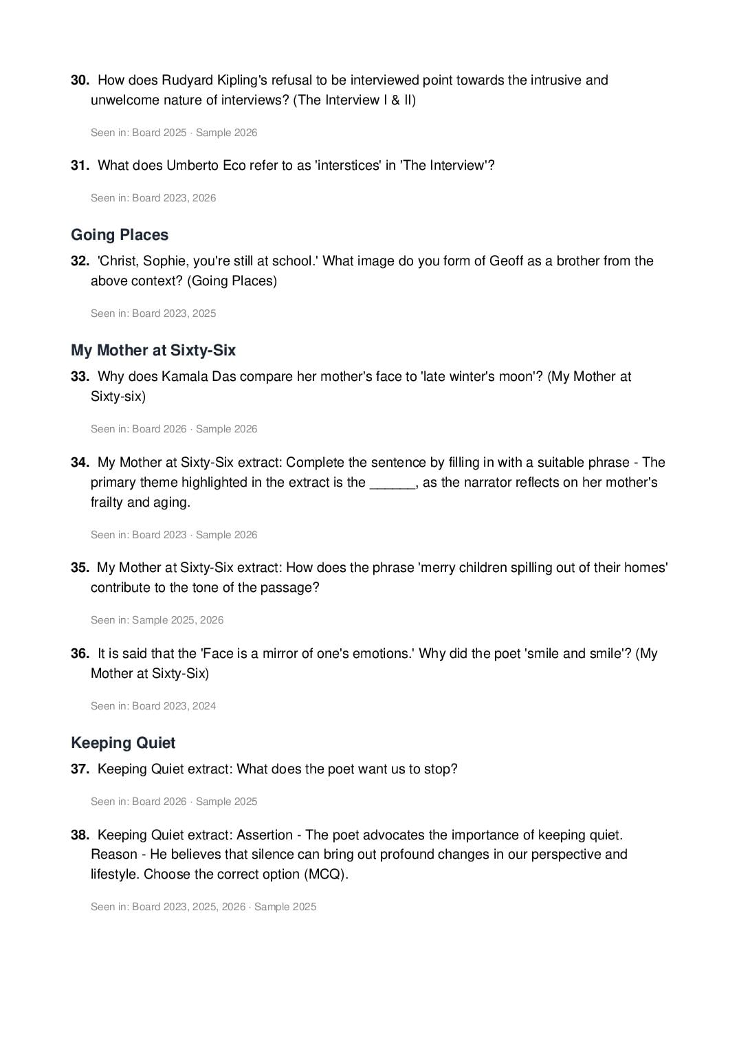 CBSE 12th English Most Important Questions for Board Exam