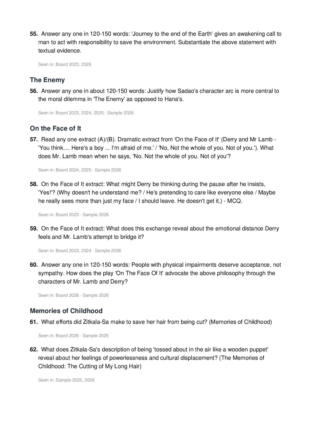 CBSE 12th English Most Important Questions for Board Exam