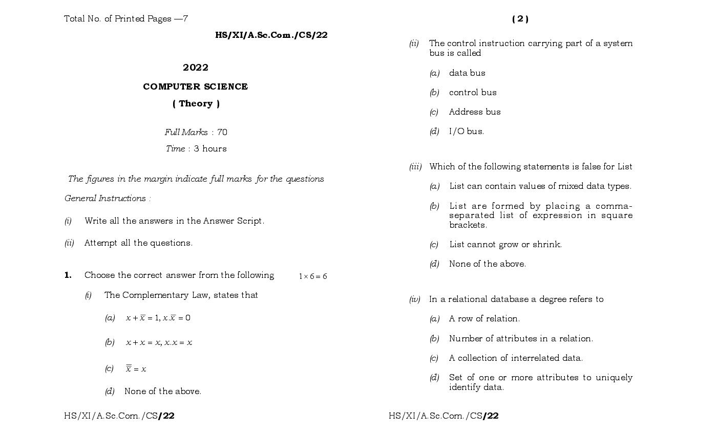 MBOSE Class 11 Question Paper 2022 for Computer Science - Page 1