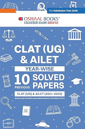 Oswaal CLAT (UG) & AILET 10 Previous Year Solved Papers (2021-2025) for 2026 Admission Test